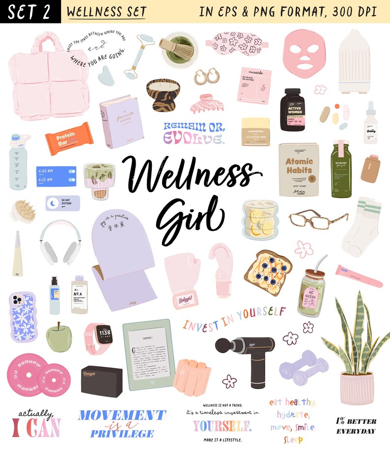 Op de afbeelding: Digitale illustratie van een wellness set met diverse items. Inclusief een roze tas, jade roller, gezichtsmasker, boek, eiwitreep, koptelefoon, dumbbells en de tekst "Wellness Girl".
