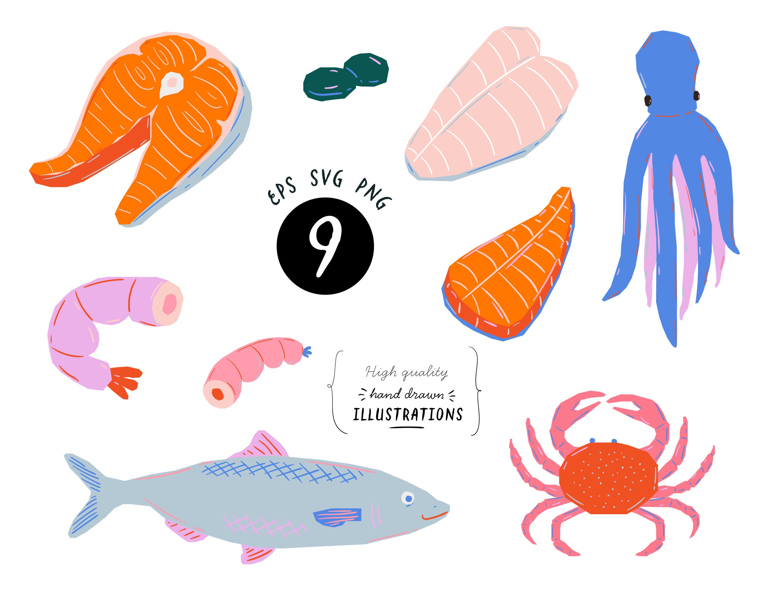 Fish & Seafood Clipart. Food Digital Illustration. Cooking - Etsy