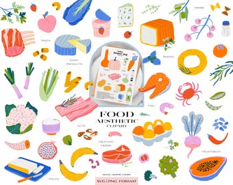 May include: A colorful illustration set of food items, including fruits, vegetables, dairy products, meat, fish, nuts, pasta, and baking goods. The illustration set is labeled "Food Aesthetic Clipart".