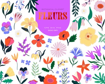 Spring Flowers Digital Clipart - Hand drawn Floral Elements - Botanical Wedding illustration - DIY Bouquets, Frame, Leaves - Individual PNG