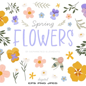 Fleurs de printemps numérique Clipart - Clipart floral dessinés à la main, invitations de mariage botanique bricolage, fleurs feuilles sublimation clipart png