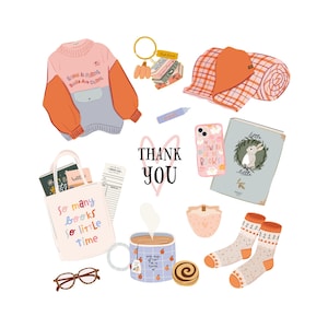 K&ouml;nnte beinhalten: Eine Sammlung gem&uuml;tlicher und s&uuml;&szlig;er Gegenst&auml;nde, darunter ein rosa Pullover mit dem Text "Stress is Filling, Books Are Curing", eine karierte Decke, eine Handyh&uuml;lle mit dem Text "How I Love Books", eine Tragetasche mit dem Text "So Many Books So Little Time", eine Tasse mit kariertem Muster, ein Geb&auml;ck und ein Paar Socken mit geometrischem Muster.