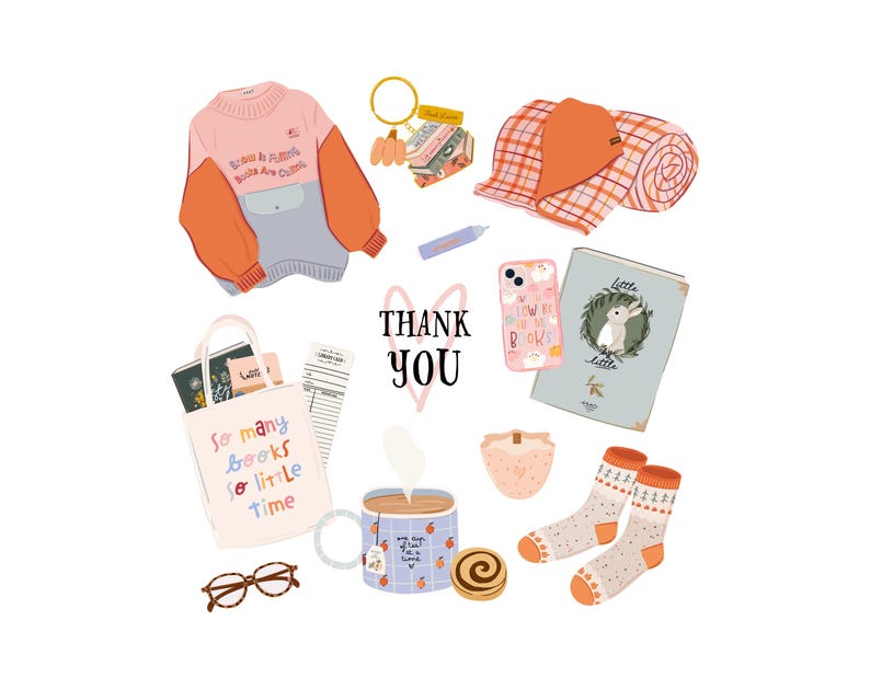K&ouml;nnte beinhalten: Eine Sammlung gem&uuml;tlicher und s&uuml;&szlig;er Gegenst&auml;nde, darunter ein rosa Pullover mit dem Text "Stress is Filling, Books Are Curing", eine karierte Decke, eine Handyh&uuml;lle mit dem Text "How I Love Books", eine Tragetasche mit dem Text "So Many Books So Little Time", eine Tasse mit kariertem Muster, ein Geb&auml;ck und ein Paar Socken mit geometrischem Muster.