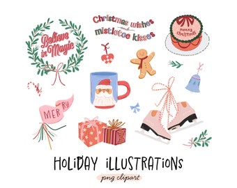 May include: A set of 10 digital illustrations featuring Christmas and holiday themes. The illustrations include a wreath with the text "Believe in Magic", a Santa mug, a gingerbread man, a cake with the text "Merry Christmas", a bell, a pair of ice skates, a gift box, a ribbon with the text "Merry", and a heart with a bow. The illustrations are in a cartoon style and are perfect for use in digital projects.