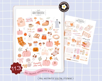 Niedliche Herbst GoodNotes Aufkleber, Clipart PNG: Kürbisgewürz, Teepilze Geisterblätter. Pastell Herbst Digitale Planer Aufkleber