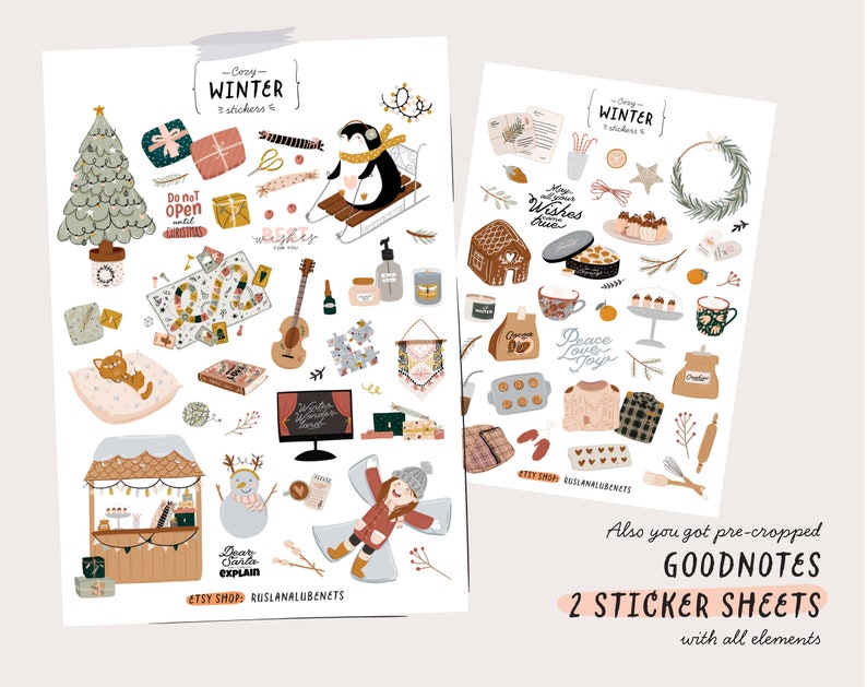 May include: Two sticker sheets with a winter theme. The first sheet features a Christmas tree, a penguin on a sled, a snowman, a gingerbread house, a cat, a guitar, a wreath, and other winter-themed illustrations. The second sheet features a mug of hot chocolate, a plate of cookies, a gingerbread house, a wreath, and other winter-themed illustrations. The text on the sheets reads "Cozy Winter Stickers" and "Winter Stickers".