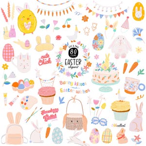 Whimsy Ostern Clipart, Frühling Feiertage Clipart, Ostern Zitate, Party Hase Dekoration: Kuchen Färbung Eier Blumen. Digitale Downloads PNG