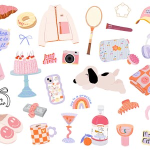 May include: A collection of colorful stickers featuring various designs, including a cake, a dog, a rainbow, a tennis racket, a pair of headphones, a bottle of pink liquid, a cup, a pair of slippers, a bow, a flower, a camera, a book, a hat, a pair of glasses, a croissant, a donut, a headband, a horseshoe, a ring, a heart, a star, and a few other abstract designs. The stickers are all on a white background.