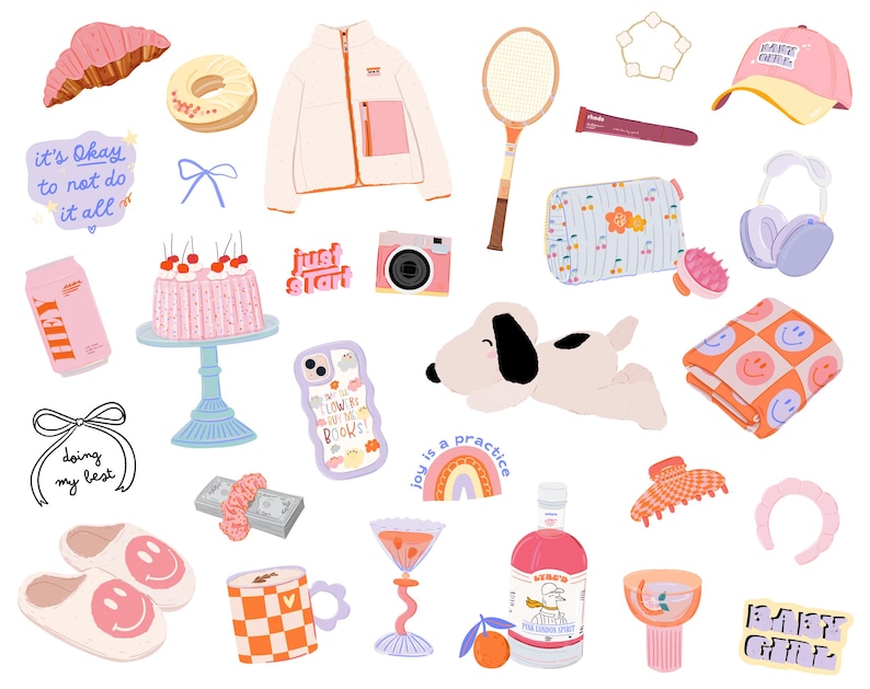 May include: A collection of colorful stickers featuring various designs, including a cake, a dog, a rainbow, a tennis racket, a pair of headphones, a bottle of pink liquid, a cup, a pair of slippers, a bow, a flower, a camera, a book, a hat, a pair of glasses, a croissant, a donut, a headband, a horseshoe, a ring, a heart, a star, and a few other abstract designs. The stickers are all on a white background.