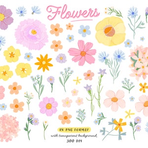May include: A collection of colorful, hand-drawn flowers in various shapes and sizes, including pink, yellow, purple, and blue blooms. The word "Flowers" is written in pink script. The image is labeled "IN PNG FORMAT with transparent background, 300 DPI."