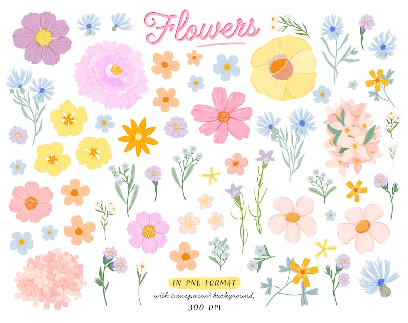 May include: A collection of colorful, hand-drawn flowers in various shapes and sizes, including pink, yellow, purple, and blue blooms. The word "Flowers" is written in pink script. The image is labeled "IN PNG FORMAT with transparent background, 300 DPI."