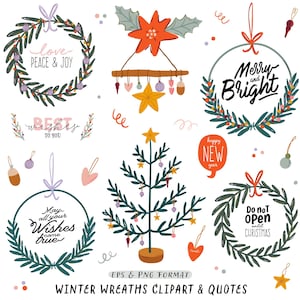 Clipart de guirlanda de inverno fofa e árvore de Natal. Desejos de férias de Natal Feliz Ano Novo Citação. Ilustração desenhada à mão. Vetor Digital Png