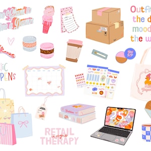 K&ouml;nnte beinhalten: Illustration mit verschiedenen Artikeln, darunter Einkaufstaschen, ein Laptop mit einem Angebot und eine Tragetasche. Text enth&auml;lt "Too Glam to Give a Damn", "Chic Happens" und "Retail Therapy in progress".