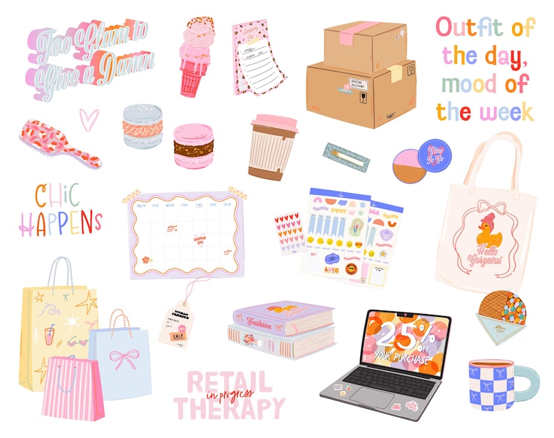 K&ouml;nnte beinhalten: Illustration mit verschiedenen Artikeln, darunter Einkaufstaschen, ein Laptop mit einem Angebot und eine Tragetasche. Text enth&auml;lt "Too Glam to Give a Damn", "Chic Happens" und "Retail Therapy in progress".