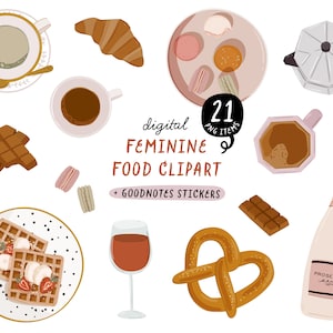 Trendy Sweet Food Cafe-clipart. Digitale GoodNotes-stickers. Plannerstickers: snoep, desserts, gebak, koffie, champagne. Digitale png