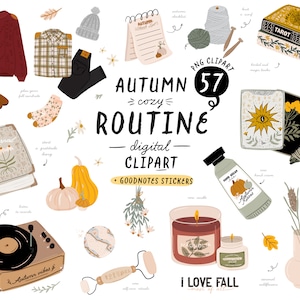 Clipart de otoño acogedor Hygge de otoño Pegatinas GoodNotes Cuidado personal dibujado a mano Ilustración de decoración de otoño Calabaza de moda Pegatina de planificador digital PNG