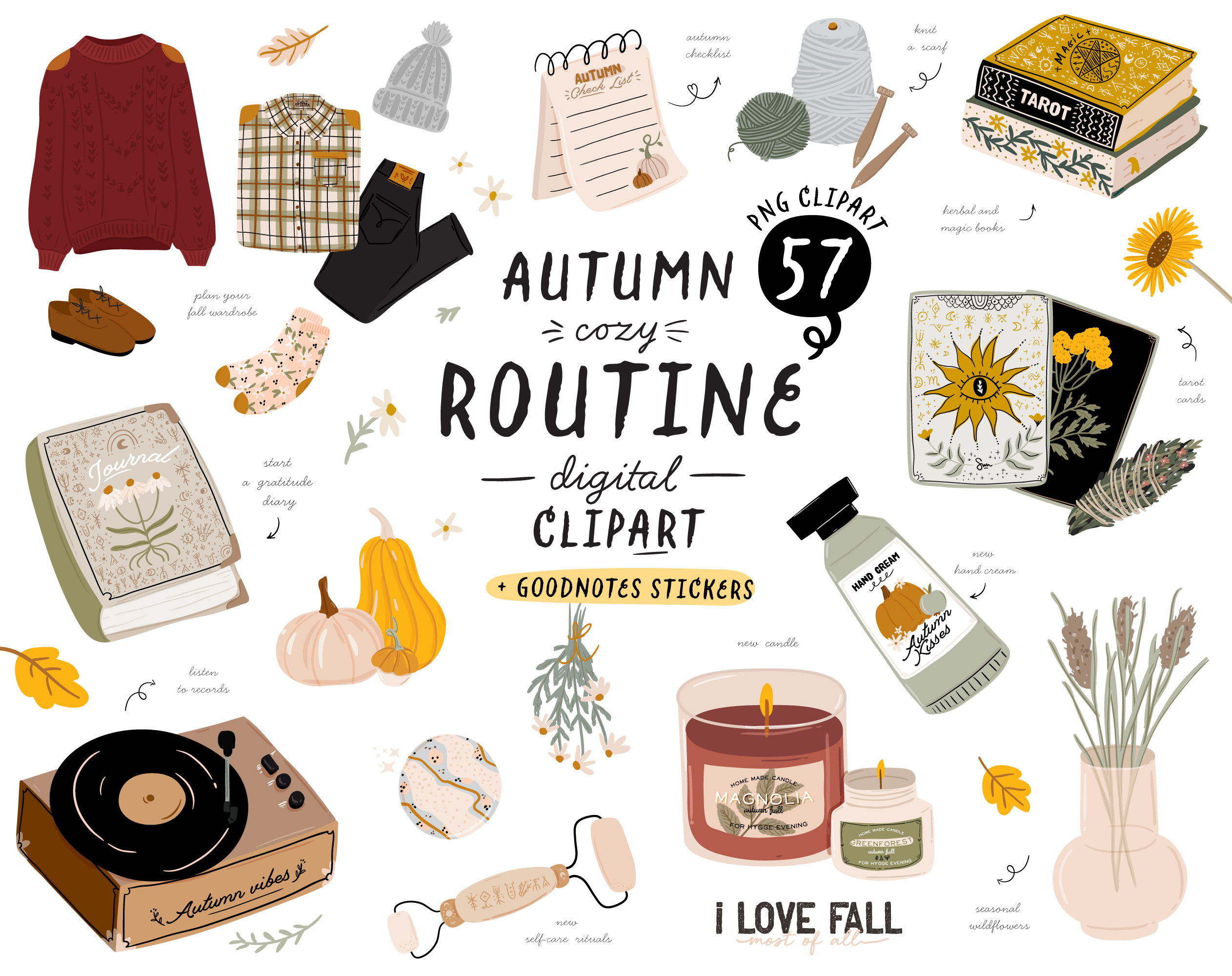 Cozy Fall Clipart Autumn Hygge GoodNotes stickers Hand drawn self care Autumn decor illustration Fashion pumpkin Digital Planner Sticker PNG