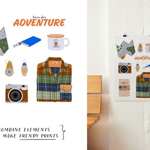 May include: A digital illustration of a collection of camping and adventure themed items, including a map, a compass, a mug, a plaid shirt, a camera, and a notebook. The text "Born for Adventure" is featured in the image.