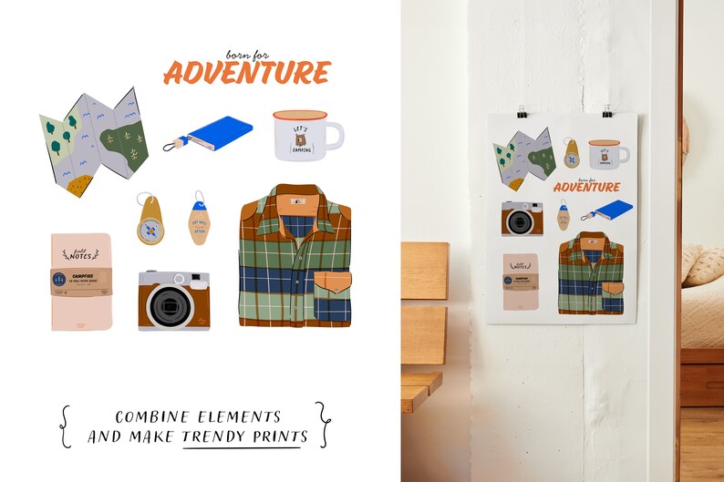 May include: A digital illustration of a collection of camping and adventure themed items, including a map, a compass, a mug, a plaid shirt, a camera, and a notebook. The text "Born for Adventure" is featured in the image.