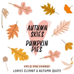 May include: A digital illustration featuring various autumn leaves in shades of orange, yellow, and pink, scattered around a pink heart. The text "AUTUMN SKIES and PUMPKIN PIES" is displayed within the heart. Additional text reads "EPS & PNG FORMAT" and "LEAVES CLIPART & AUTUMN QUOTE."
