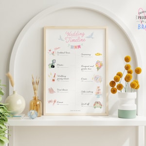 May include: A printable wedding timeline checklist with illustrations of a cocktail glass, camera, champagne bottle, wedding cake, and a car. The text reads "Wedding Timeline".