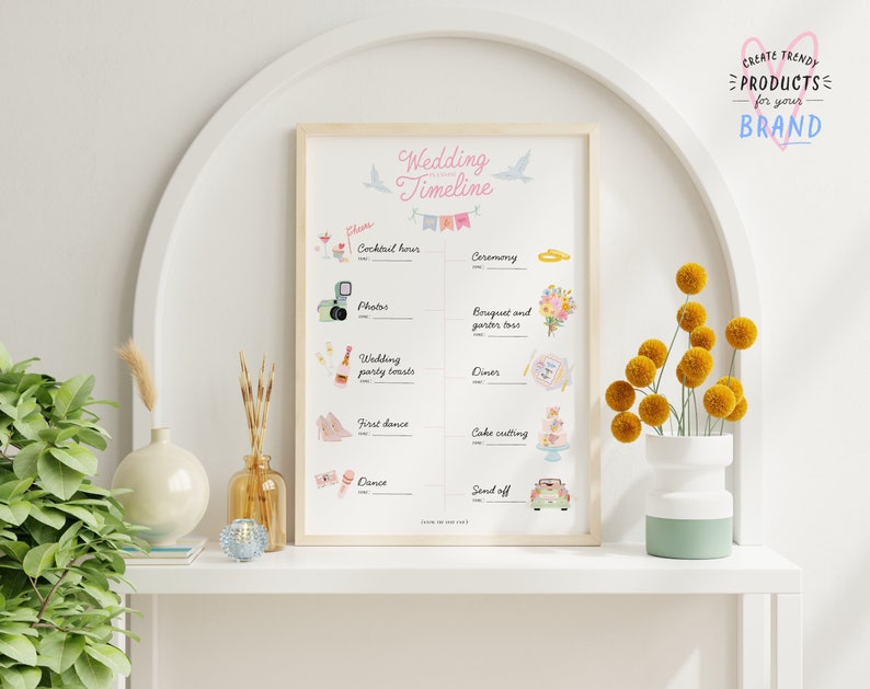 May include: A printable wedding timeline checklist with illustrations of a cocktail glass, camera, champagne bottle, wedding cake, and a car. The text reads "Wedding Timeline".