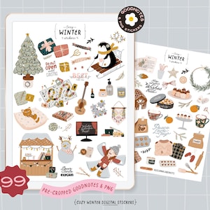 May include: Digital sticker set featuring winter-themed illustrations. Includes a Christmas tree, penguin on a sled, gingerbread house, snowman, and other cozy winter elements. The set includes pre-cropped Goodnotes and PNG stickers.