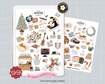 Leuke stickers voor winterklusjes, stickers voor kerstvakantie en GoodNotes-citaten. Gezellige kerstemmerlijst digitale plannersticker, png