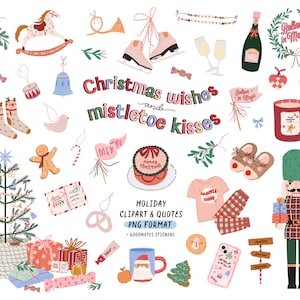 Weihnachten Urlaub Mode Clipart, festliche Winter Digital Clipart PNG, Weihnachtsphrasen, Planer Aufkleber Weihnachtsbaum Geschenk Nussknacker