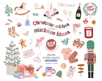 Weihnachten Urlaub Mode Clipart, festliche Winter Digital Clipart PNG, Weihnachtsphrasen, Planer Aufkleber Weihnachtsbaum Geschenk Nussknacker