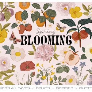 May include: A digital illustration of spring flowers, fruits, and butterflies. The illustration features a variety of flowers in pink, white, yellow, and red, as well as peaches, plums, and strawberries. The text "Spring Blooming" is featured in black letters.