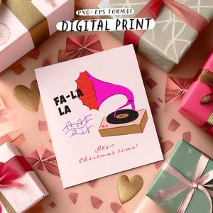 Cartoon kerst clipart grammofoon print met Fa La La quote. Het is kerst. Cool kerstkaart- of cadeaulabel. Digitale wintervector png