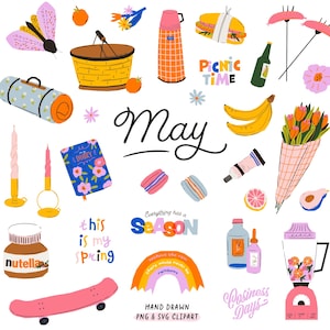 かわいい春のクリップアートと名言。5月の女の子のクリップアート、花、ピクニック、食べ物、キャンドル、蝶。女性ファッションプランナーステッカー、デジタルダウンロードPNG