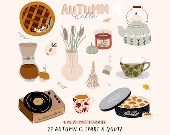 Fall Cozy Clipart Autumn Hello Clipart Instant Download. Digital Autumn Quote Png Stay Home Pie Tea Record Cookies Flowers Pumpkin Hot Drink