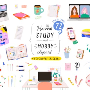 May include: A digital clipart set of 72 illustrations for home study and hobby activities. The set includes a laptop, books, a microphone, a plant, a paint palette, paintbrushes, a sewing kit, an embroidery hoop, and more. The clipart is in a colourful, hand-drawn style.