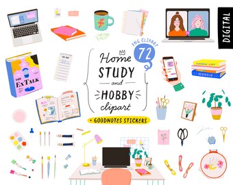 Étude travail entreprise Clipart, autocollants numériques GoodNotes, fille patronne, routine quotidienne de la femme : travail à domicile, passe-temps, agenda. Autocollants à sublimation PNG