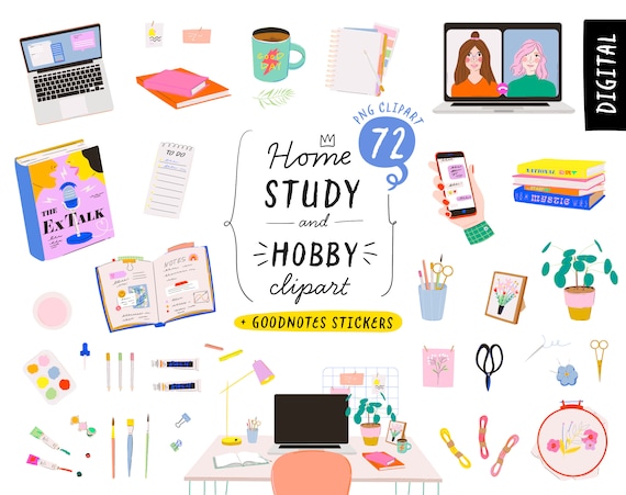 Study Work Business Clipart, Digital GoodNotes stickers, Girl boss, Woman daily routine: home work, hobby, planner. Sublimation stickers PNG