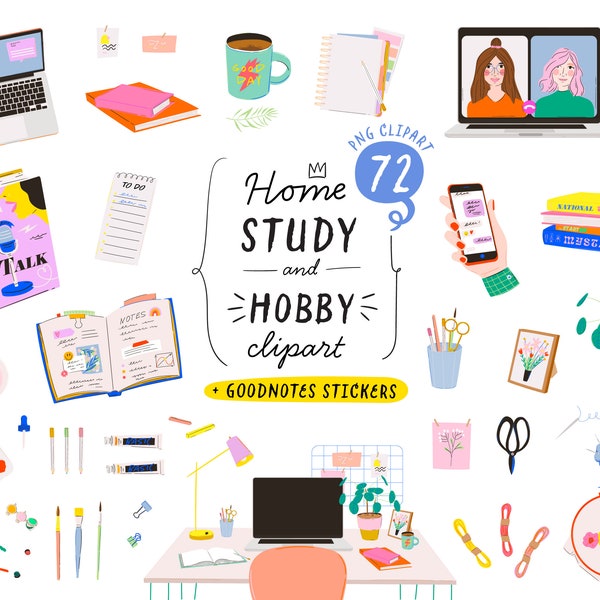 Study Work Business Clipart, Digital GoodNotes stickers, Girl boss, Woman daily routine: home work, hobby, planner. Sublimation stickers PNG