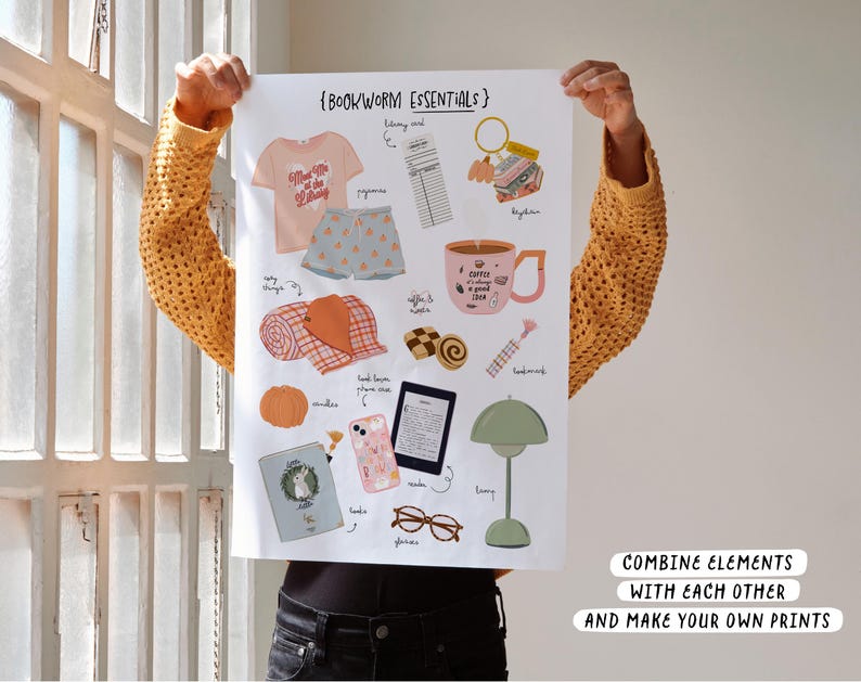 K&ouml;nnte beinhalten: Ein druckbares Blatt mit Illustrationen von wichtigen Dingen f&uuml;r B&uuml;cherw&uuml;rmer, darunter eine Tasse mit der Aufschrift "Coffee is always a good idea", ein Buch, eine Decke, eine Brille, eine Lampe und eine Kerze. Der Text "{BOOKWORM ESSENTIALS}" befindet sich oben auf dem Blatt. Der Text "COMBINE ELEMENTS WITH EACH OTHER AND MAKE YOUR OWN PRINTS" befindet sich unten auf dem Blatt.