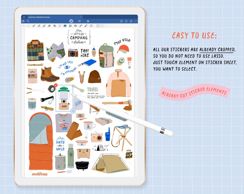 Travel and Camping digital Clipart, Summer travel GoodNotes stickers, Travel Essentials, Outdoor adventure illustration Planner stickers PNG image 9