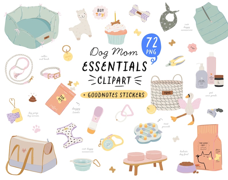 May include: A set of 72 dog mom essentials clipart images, including a dog bed, leash, collar, poop bag, treats, toys, food bowls, and more. The clipart is designed for use with Goodnotes.