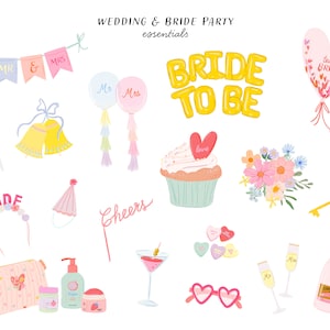 May include: A collection of wedding and bridal party essentials, including a bride to be balloon, a cupcake with a heart on top, a bouquet of flowers, a key, a bottle of champagne, a pair of glasses, a heart-shaped sunglasses, a party hat, a set of bells, a set of flags, a set of streamers, a set of heart-shaped candies, a set of bath products, and a makeup bag.