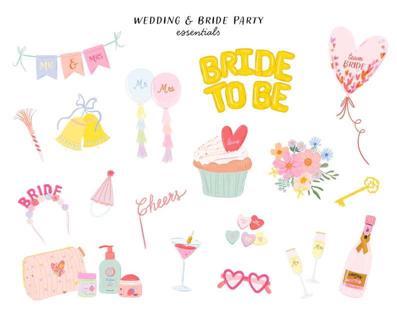 May include: A collection of wedding and bridal party essentials, including a bride to be balloon, a cupcake with a heart on top, a bouquet of flowers, a key, a bottle of champagne, a pair of glasses, a heart-shaped sunglasses, a party hat, a set of bells, a set of flags, a set of streamers, a set of heart-shaped candies, a set of bath products, and a makeup bag.
