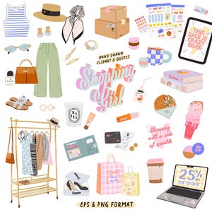 Shopping Girl clipartbundel, fashionista life digitale stickers, modecitaten, schattige girly clipart, trendy vrouwelijke zachte meisjes clipart