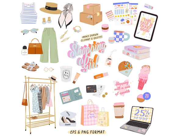 Shopping Girl Clipart Bundle, Fashionista Life Digital Stickers, Fashion Quotes, Cute Girly Clipart, Trendy Feminine Soft Girl Clipart
