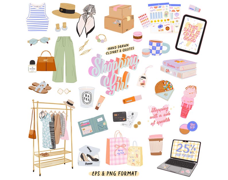 K&ouml;nnte beinhalten: Eine Sammlung von Illustrationen zum Thema Mode und Shopping. Enth&auml;lt Kleidung, Accessoires, einen Laptop mit 25 % Rabatt, Einkaufstaschen und den Text "Shopping Girl". Das Bild ist im EPS- und PNG-Format.