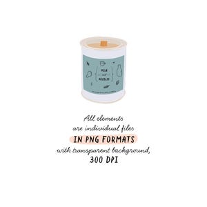 May include: A white candle jar with a blue label that says "Milk and Needles". The label has a drawing of a milk carton, a cup of coffee, and a needle.