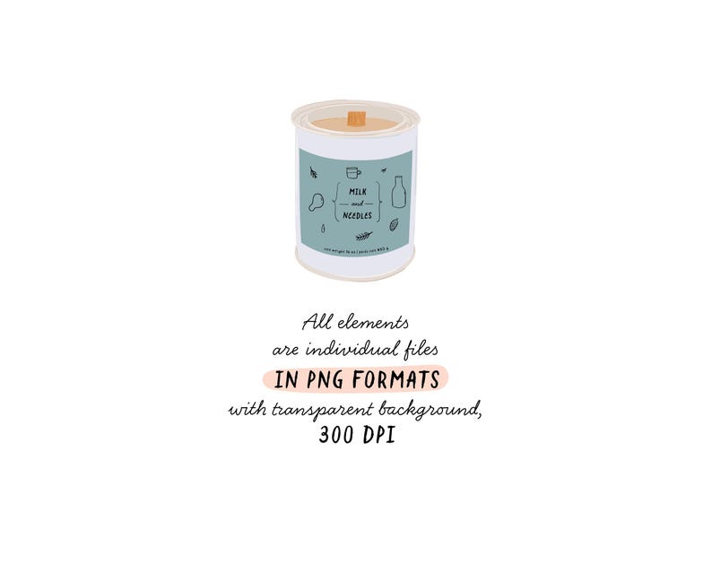 May include: A white candle jar with a blue label that says "Milk and Needles". The label has a drawing of a milk carton, a cup of coffee, and a needle.