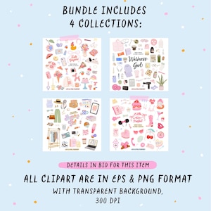 Op de afbeelding: Een digitale kunstbundel met vier collecties clipart, waaronder mode-, beauty- en lifestyle-items. De tekst luidt "Bundle Includes 4 Collections" en "Details in Bio for this Item". De clipart is in EPS- en PNG-formaat met een transparante achtergrond.