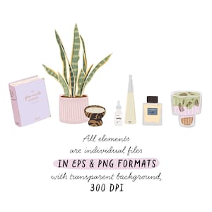 Puede incluir: Un conjunto de ilustraciones digitales que incluyen una planta de serpiente en maceta, un libro, un taz&oacute;n, una botella de perfume, una botella de colonia y un postre en un frasco de vidrio. Todos los elementos est&aacute;n en formatos EPS y PNG con fondos transparentes.